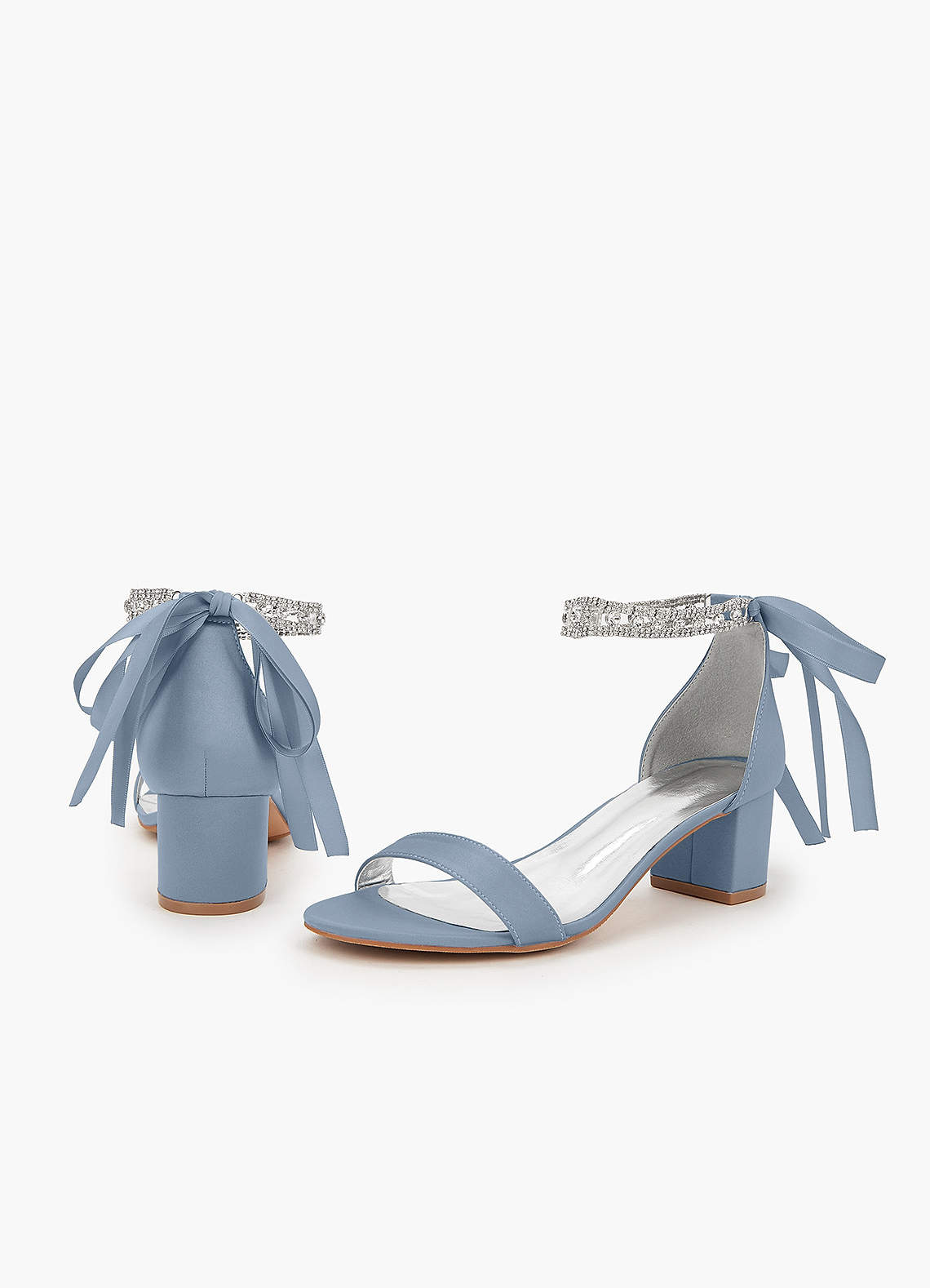 front Matching Color Matte Satin Rhinestone Strap Block Heel Sandals