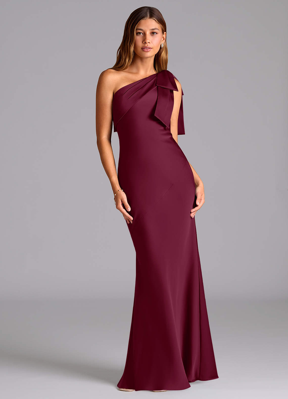 Azazie Yuanna Bridesmaid Dresses Mulberry Mermaid One Shoulder Stretch Satin Dress image1