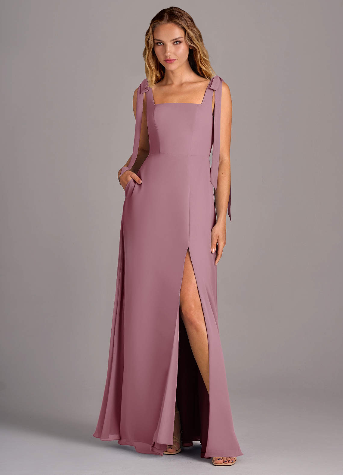 Azazie Debra Bridesmaid Dresses Vintage Mauve A-Line with Pockets Chiffon Convertible Dress image1