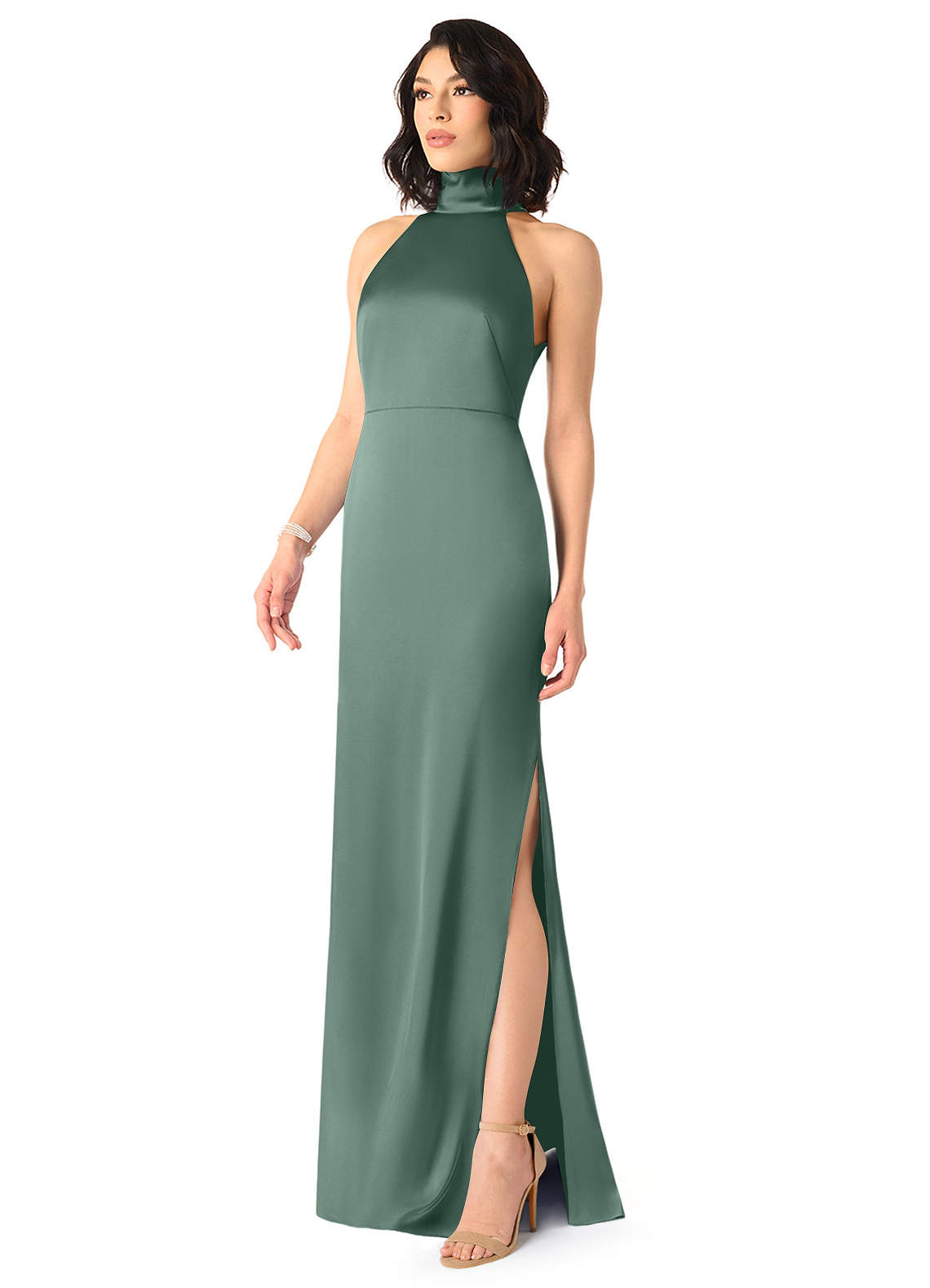 Azazie x Delaney Dress Ready to Ship Eucalyptus Stretch Satin Bridesmaid  Dresses | Azazie
