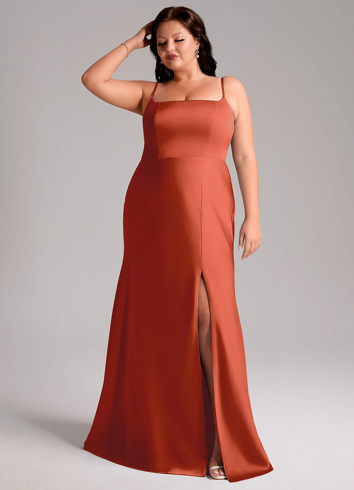 Azazie Lidia Bridesmaid Dresses Rust Mermaid Side Slit Stretch Satin Dress image1