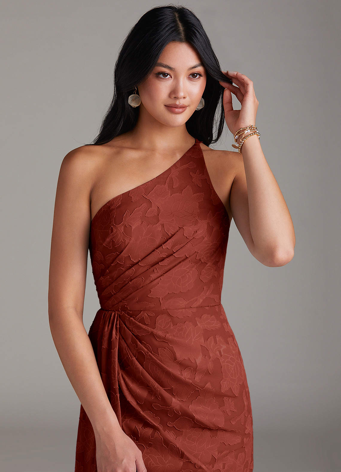 Azazie Mika At-home Try On Dresses Terracotta Sheath One Shoulder Floral Burnout Dress image4