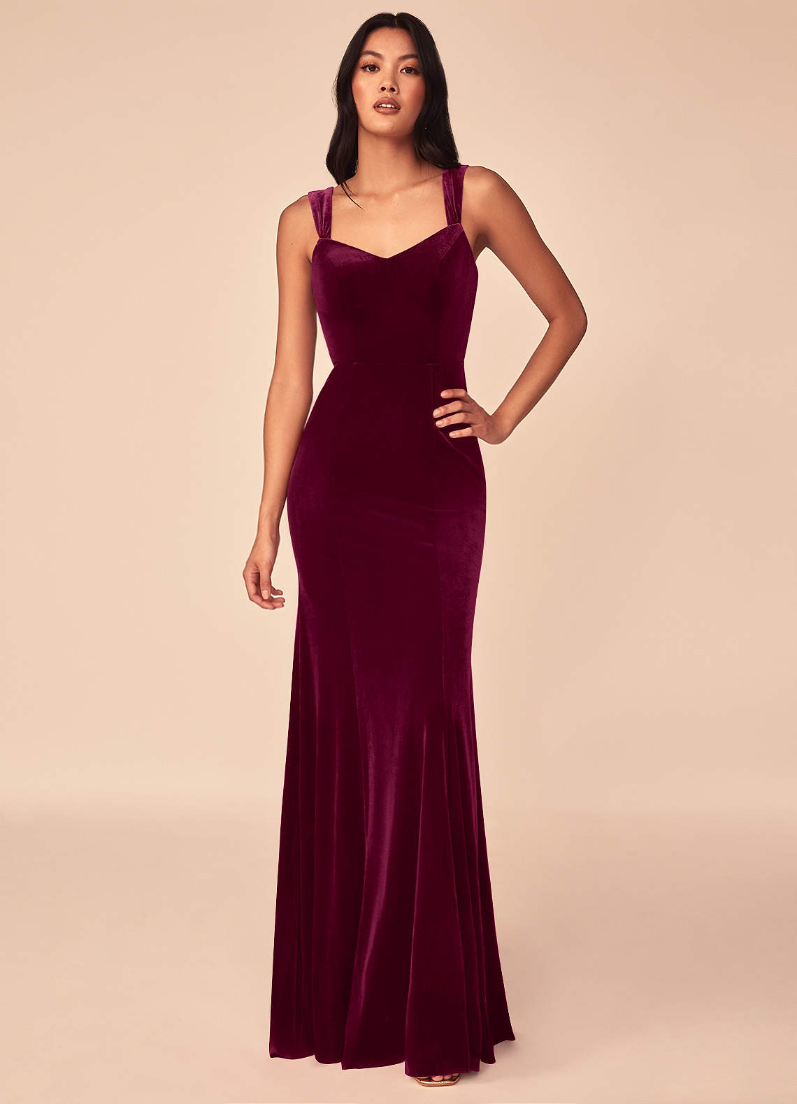 Azazie Lanessa Bridesmaid Dresses Cabernet Mermaid V-Neck Keyhole Back Velvet Dress image1