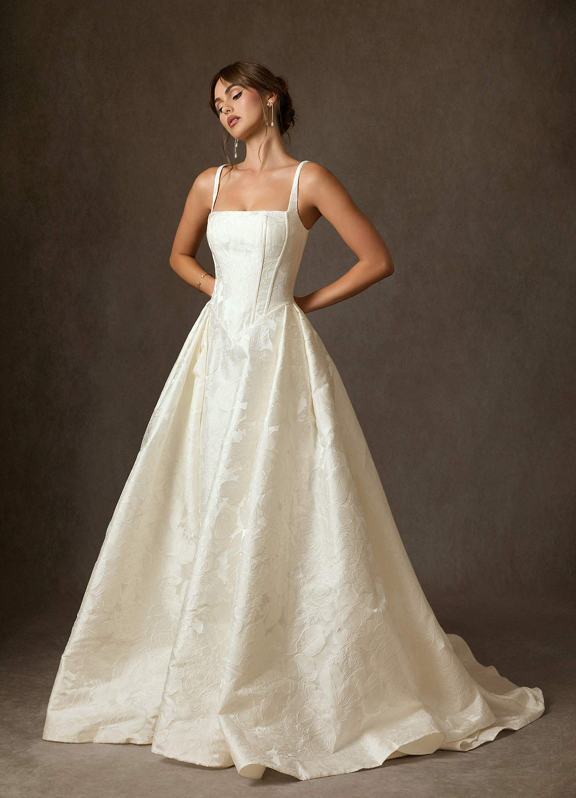 Azazie Delvina Wedding Dresses Antique White Ball-Gown with Pockets Floral Jacquard Dress image3