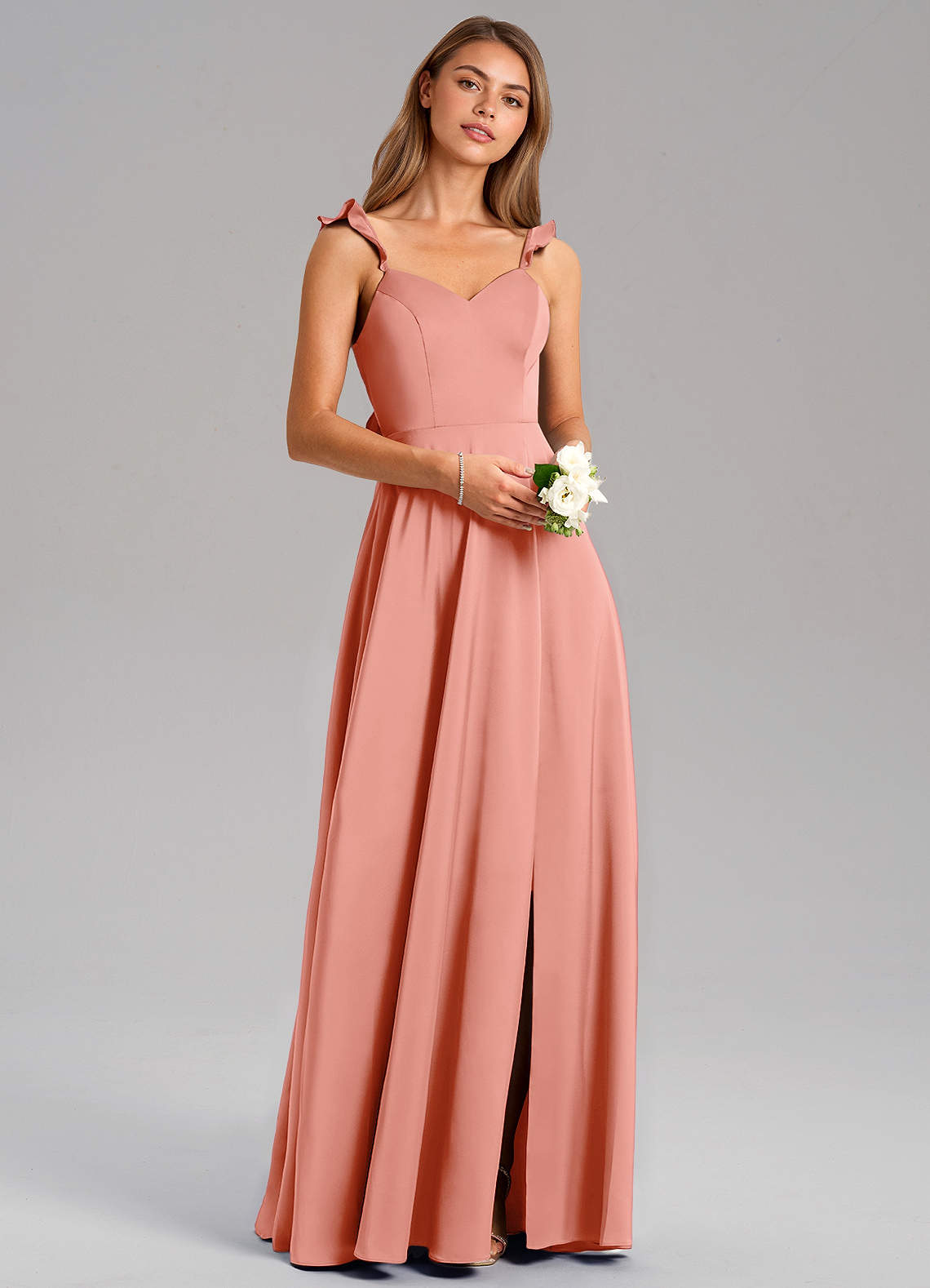 Azazie Everett Bridesmaid Dresses Coral A-Line Stretch Satin Dress image1
