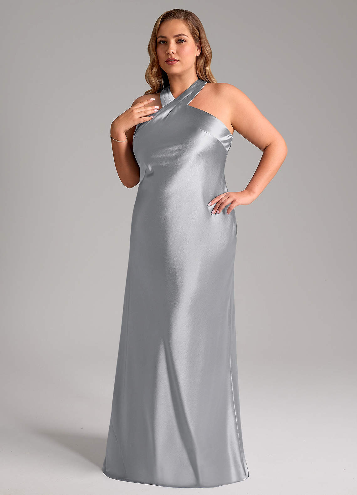 Azazie Doretta Bridesmaid Dresses Silver Mermaid Bow Metallic Satin Dress image1