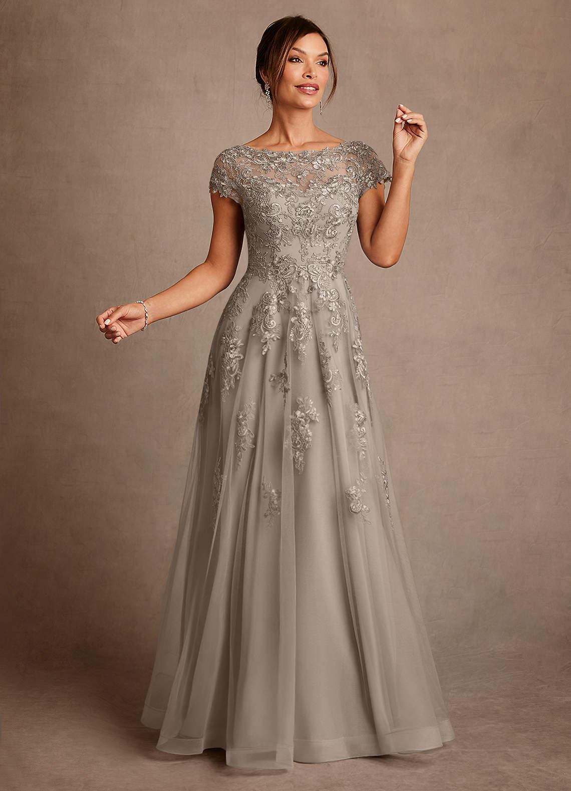 Azazie Jalinda Mother of the Bride Dresses Taupe A-Line Lace Chiffon Dress image2