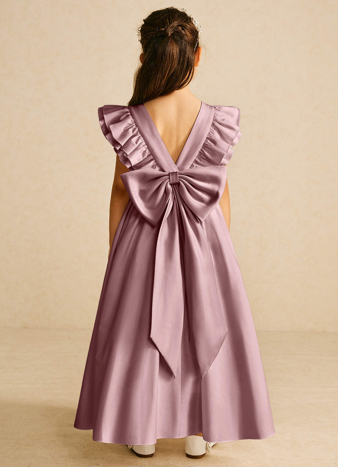 Azazie Piglette Robe Demoiselle D'honneur Fillette Robe Trapèze en Mat Satiné Arc Rose Poussiéreuse image1