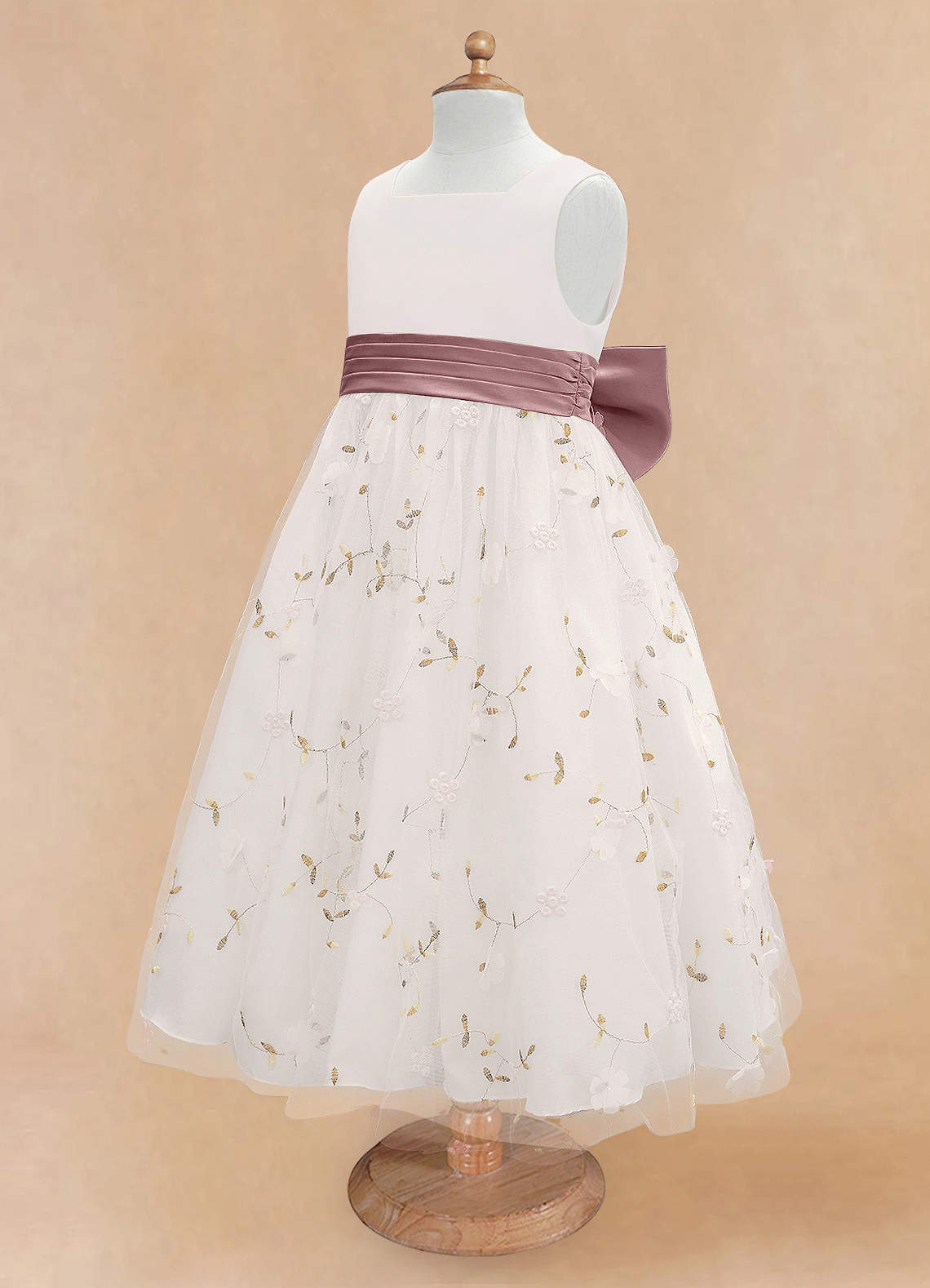 Azazie Pollie Flower Girl Dresses Ivory Dusty Rose A-Line Bow Tulle Dress image12