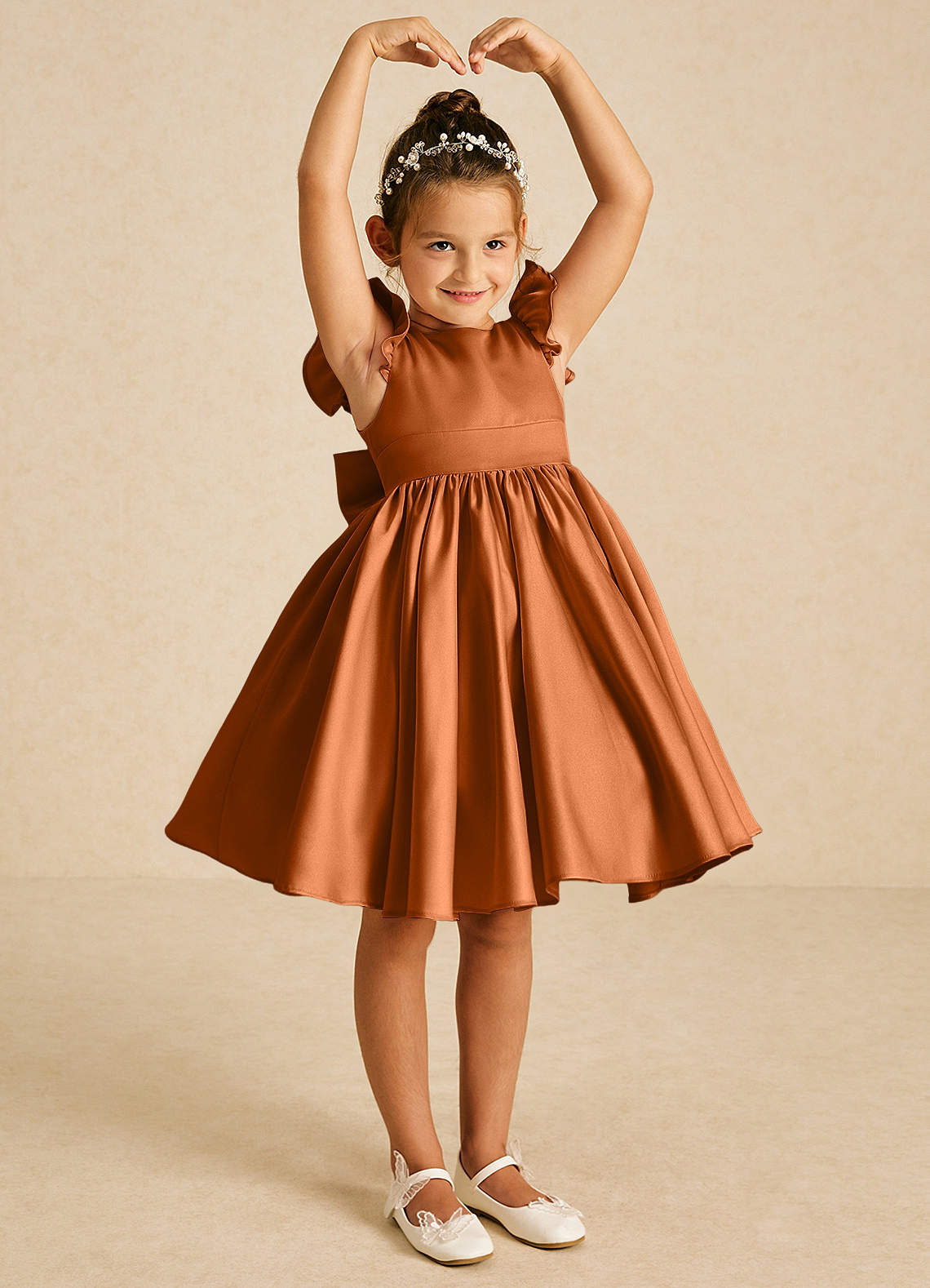 Azazie Tootsie Flower Girl Dresses Copper A-Line Bow Matte Satin Dress image1