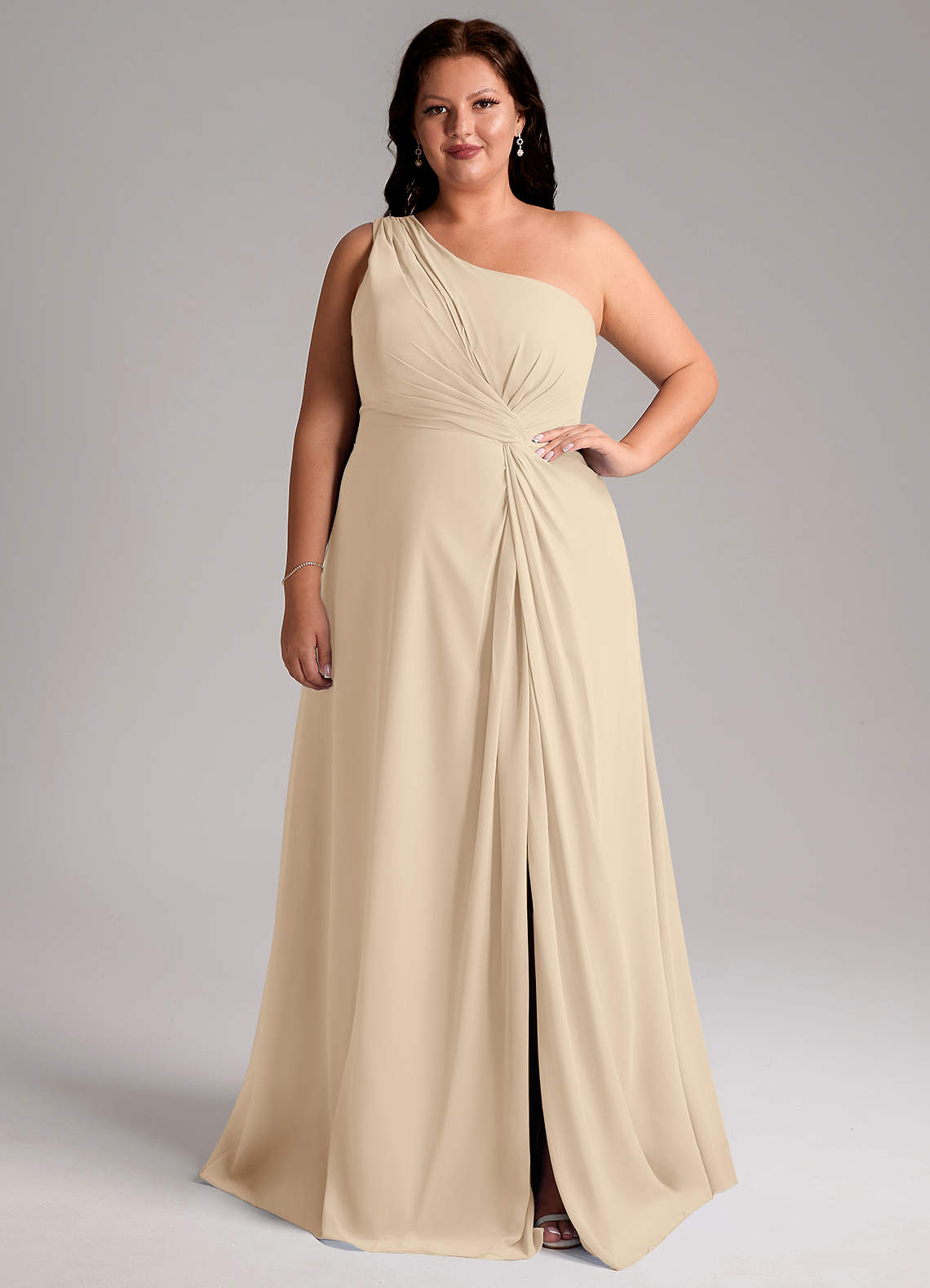 Azazie Brooke Bridesmaid Dresses Champagne A-Line One Shoulder Chiffon Dress image1
