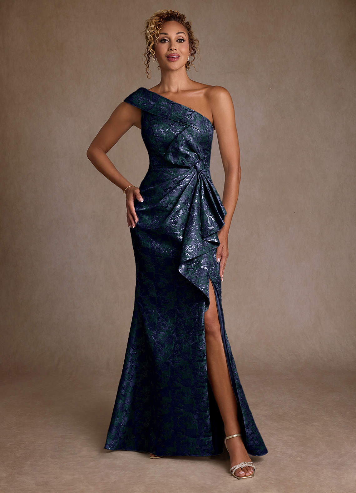 Azazie Hampton Dark Navy Mermaid One Shoulder Jacquard Dress | Azazie