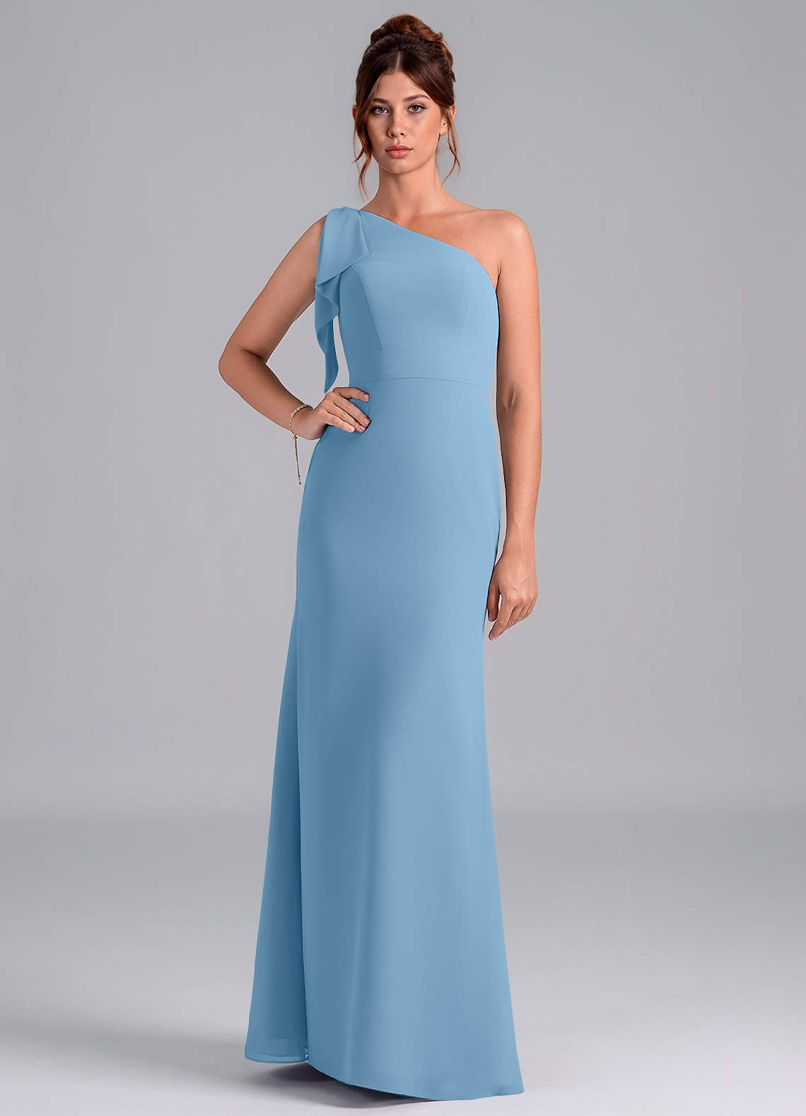 Azazie Rinna Bridesmaid Dresses Steel Blue Mermaid One Shoulder Chiffon Dress image1
