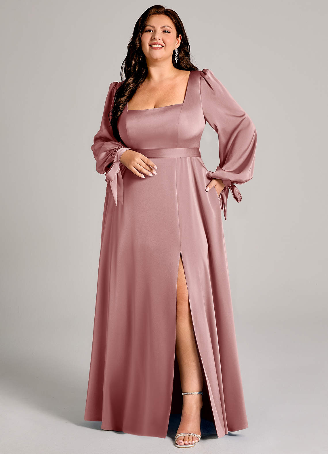 Azazie Leonia Bridesmaid Dresses Dusty Rose A-Line Long Sleeve Stretch Satin Dress image1