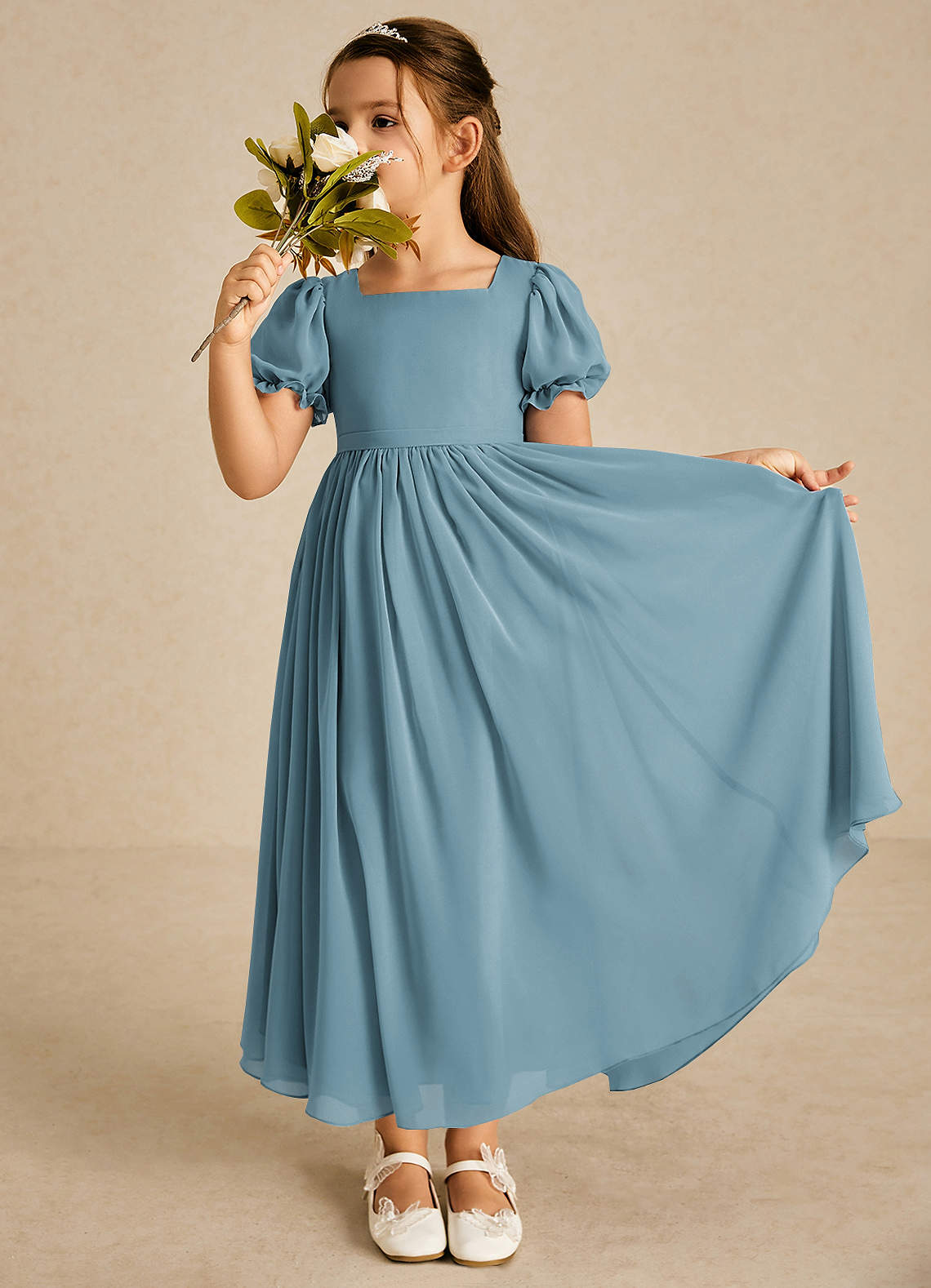Azazie Joss Flower Girl Dresses Moody Blue A-Line with Sleeves Chiffon Dress image1