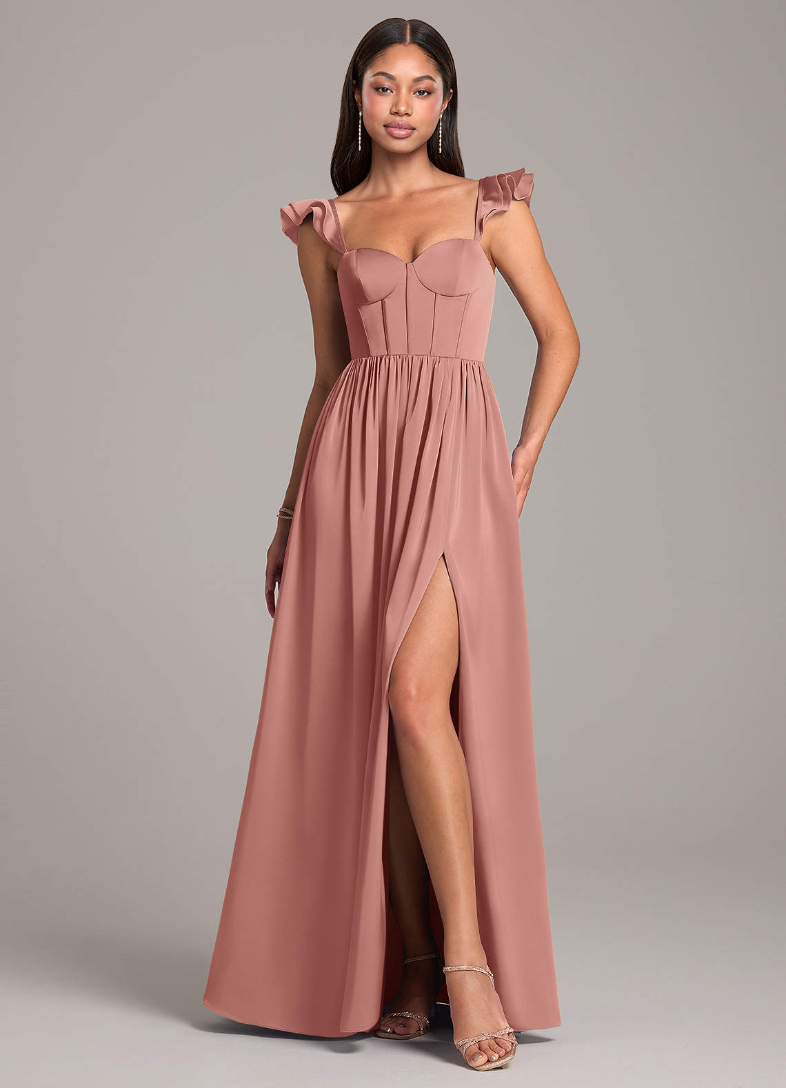 Azazie Denisse Bridesmaid Dresses Rosette A-Line Ruched Stretch Satin Dress image1