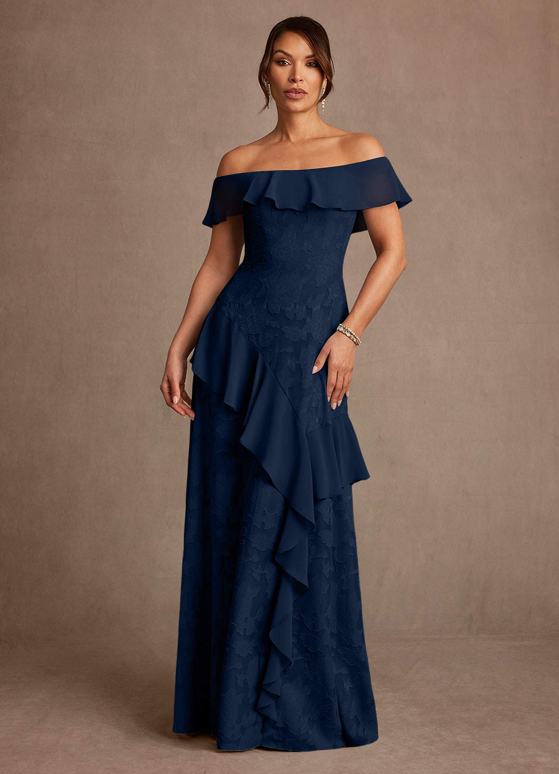 Azazie Marina Dark Navy A-Line Off the Shoulder Floral Burnout