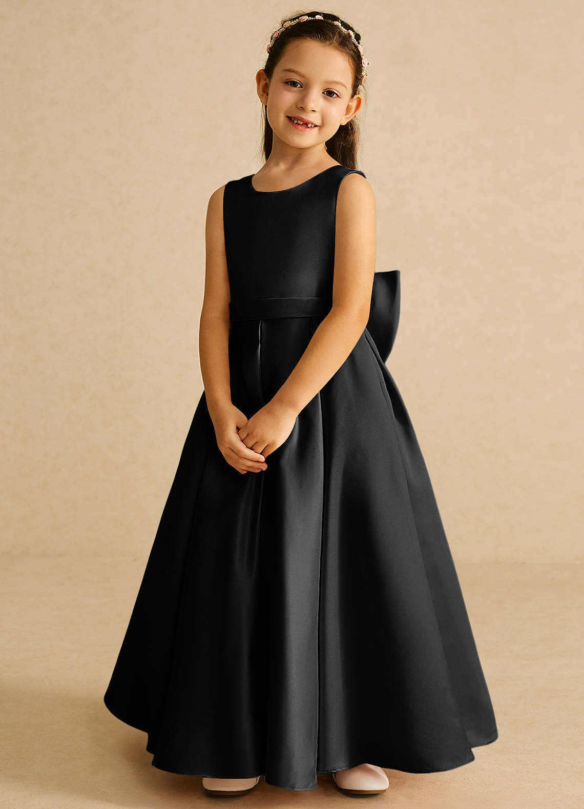 Azazie Pipsy Black A-Line Bow Matte Satin Dress | Azazie