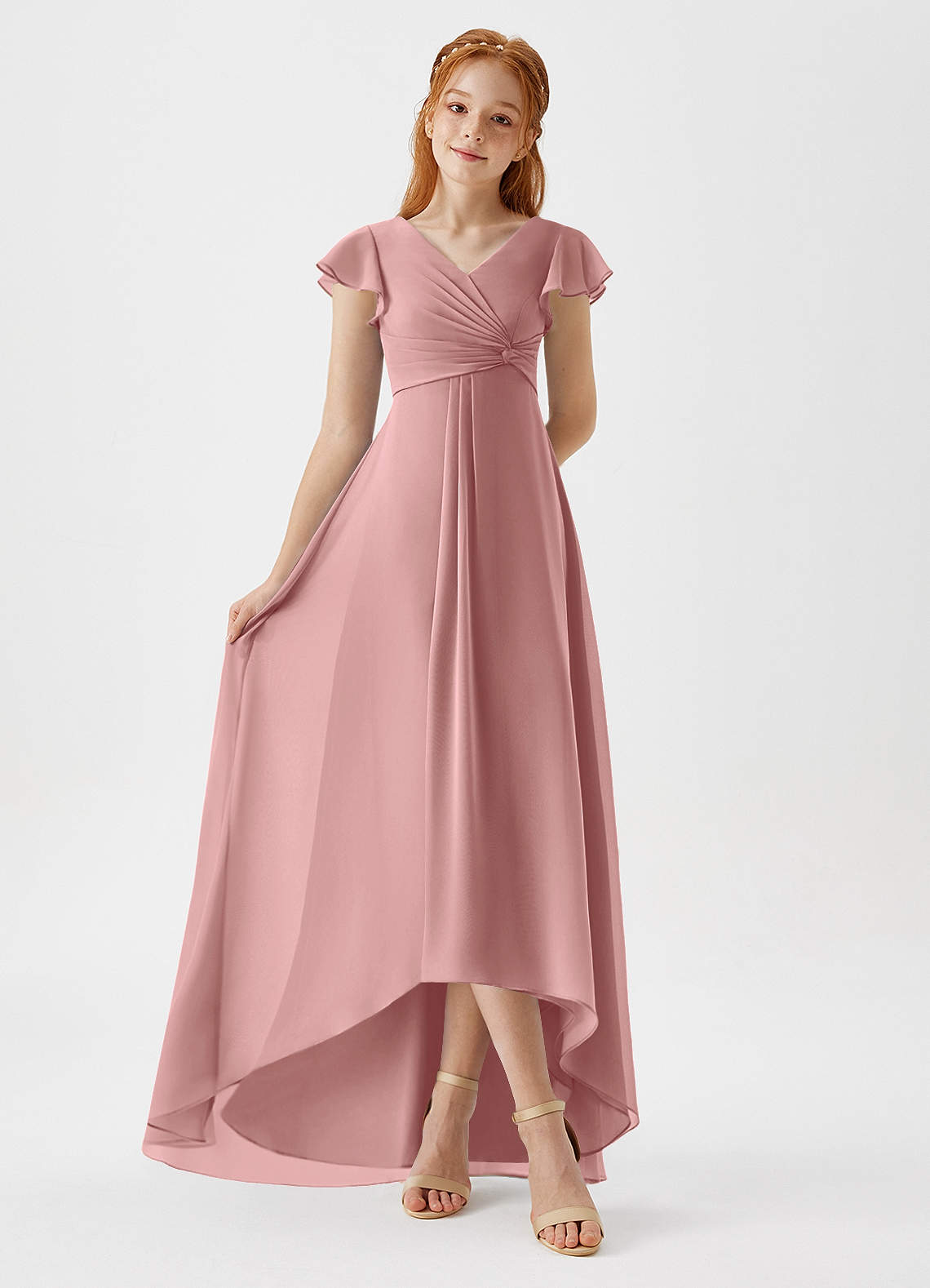 Azazie Breanne Junior Vestido de Rosa Polvorienta de Gasa de Corte En A image2