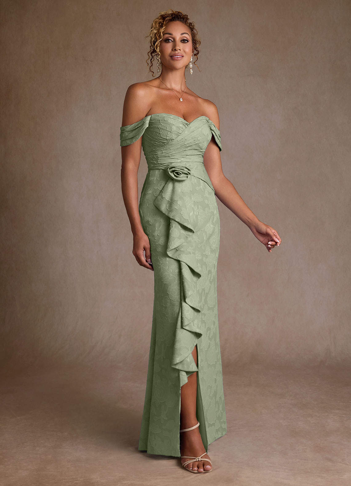 Azazie Irene 신부의 어머니 드레스 A라인 오프 더 숄더 플로럴 번아웃 플로어 길이 드레스 image1