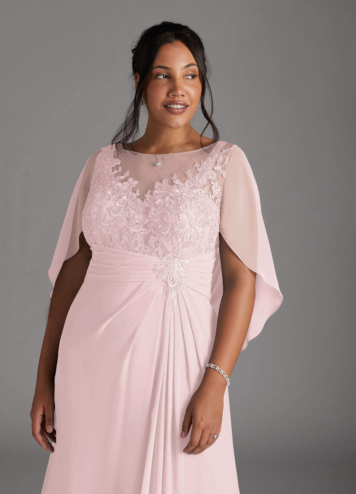 Azazie Hera Blushing Pink A Line Lace Capelet Chiffon Dress Azazie