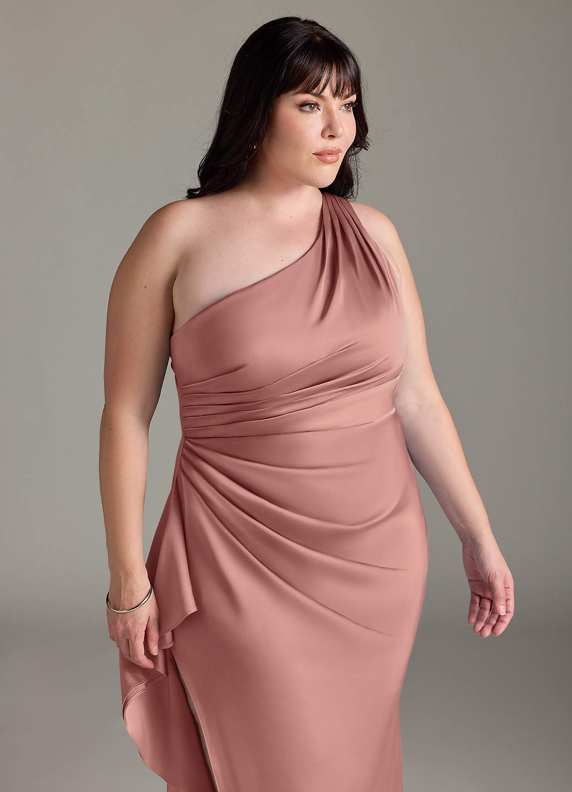 Azazie Latrice Bridesmaid Dresses Rosette Sheath One Shoulder Cascading Ruffles Stretch Satin Dress image12
