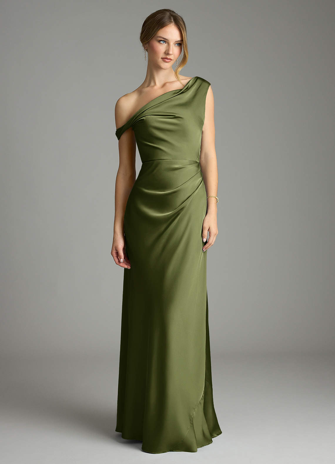 Azazie Emerson Bridesmaid Dresses Olive Mermaid Off the Shoulder Stretch Satin Dress image2