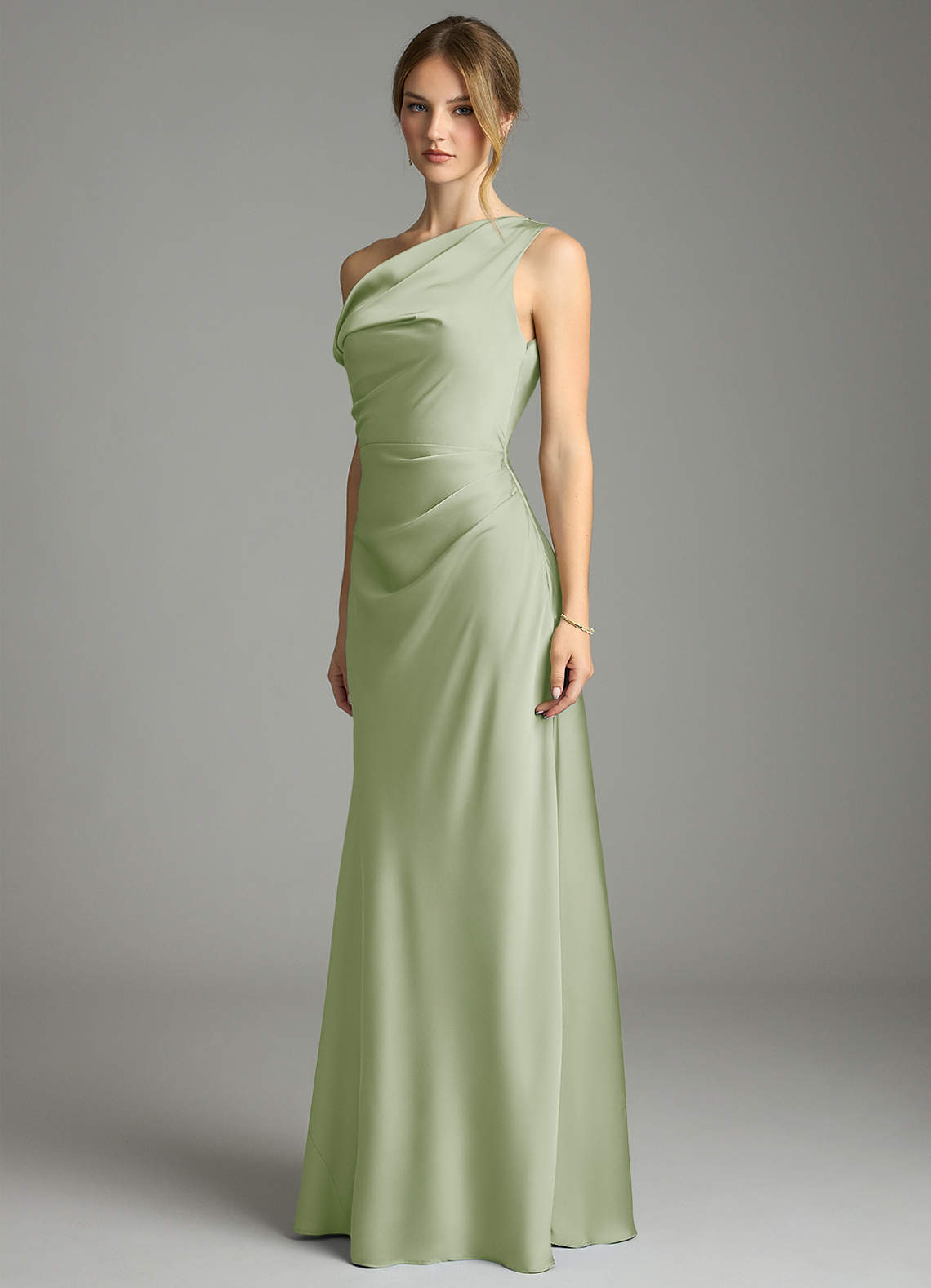 Azazie Emerson Bridesmaid Dresses Dusty Sage Mermaid Off the Shoulder Stretch Satin Dress image1