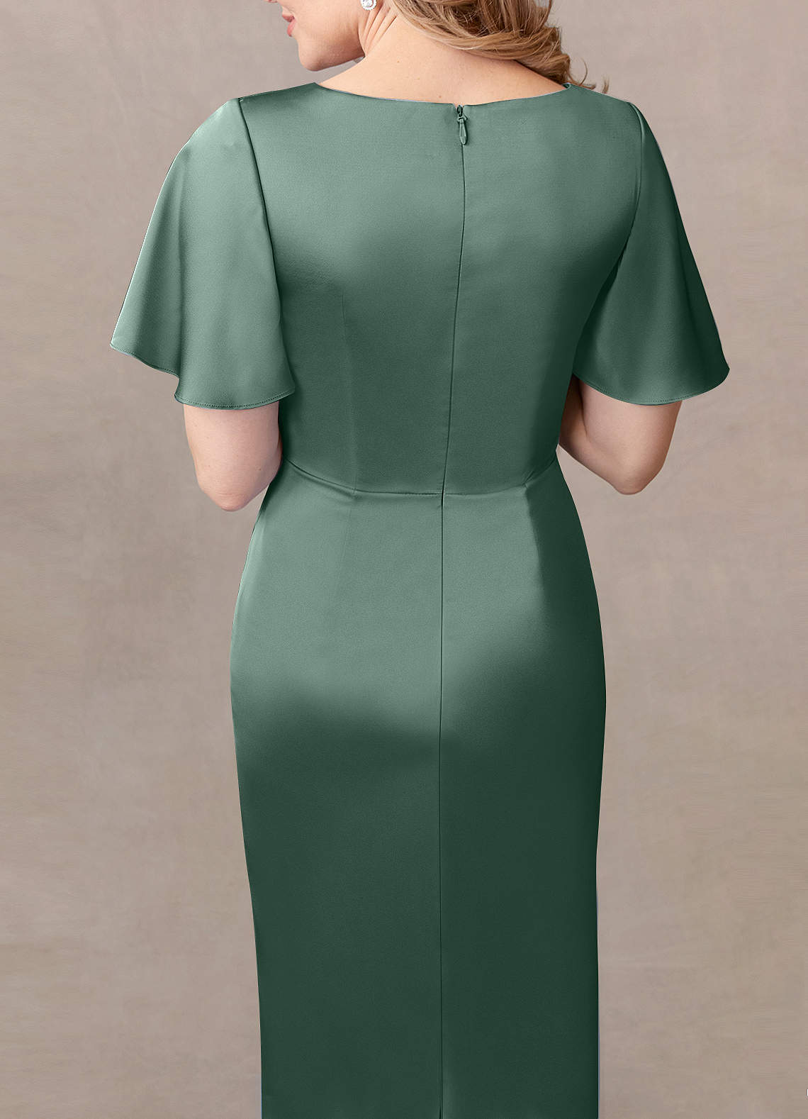 Azazie Everlyn Mother of the Bride Dresses Eucalyptus Sheath Pleated Stretch Satin Dress image4