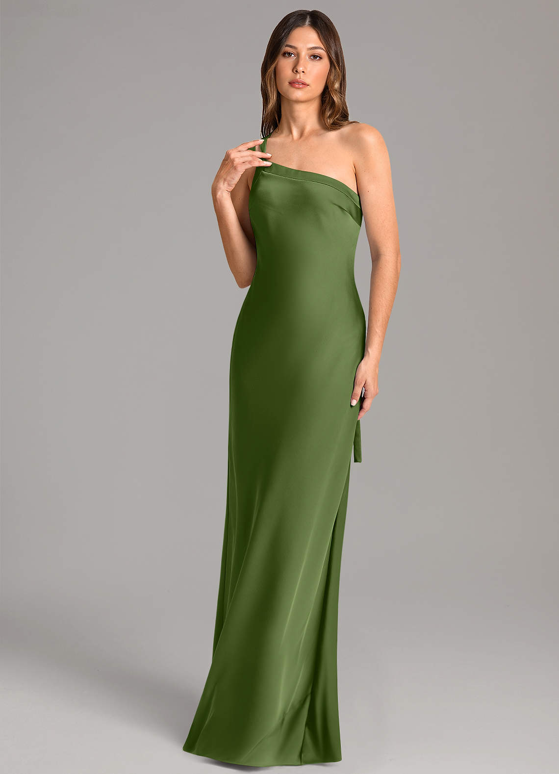 Azazie Monroe Robes de demoiselle d'honneur Robe Sirène en Satin extensible Ue épaule Genévrier image1