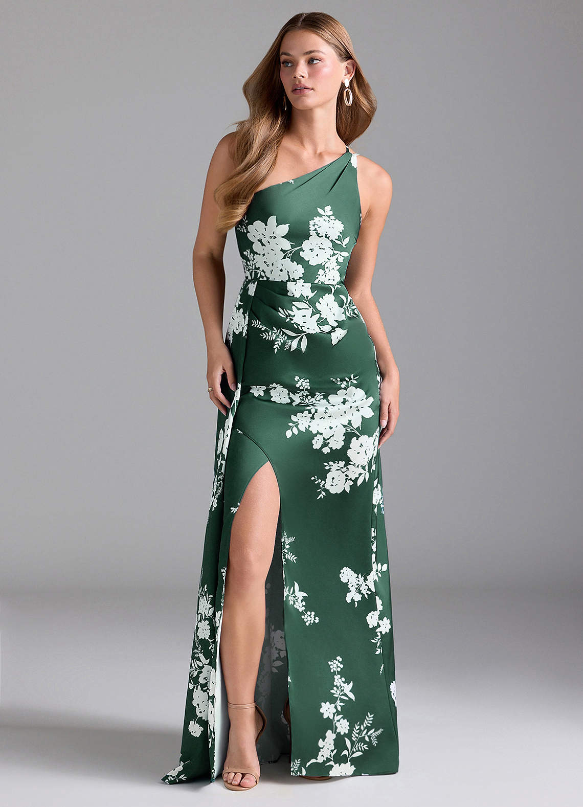 Azazie Maron Bridesmaid Dresses Green Botanicals A-Line One Shoulder Stretch Satin Dress image1