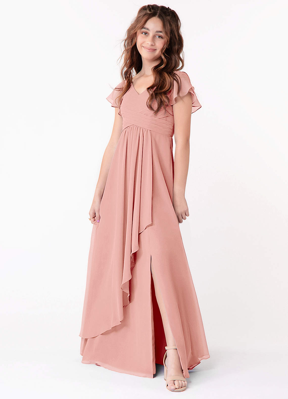 Azazie Omari Junior A-Line Ruched Chiffon Gulv-længde Junior brudepige Kjole image1