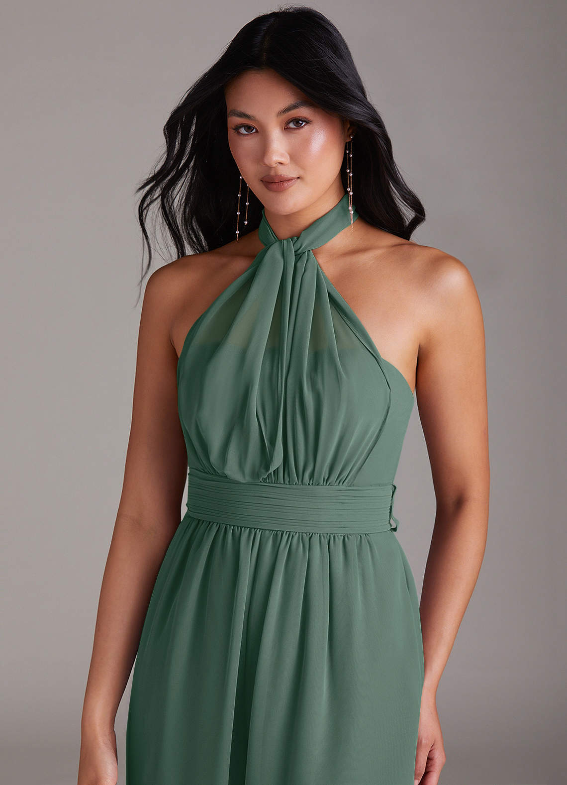 Azazie Lamara Essayer des robes à la maison Combinaison Convertible en Mousseline de soie Épaule décolletée Bleu Poussiéreux image1