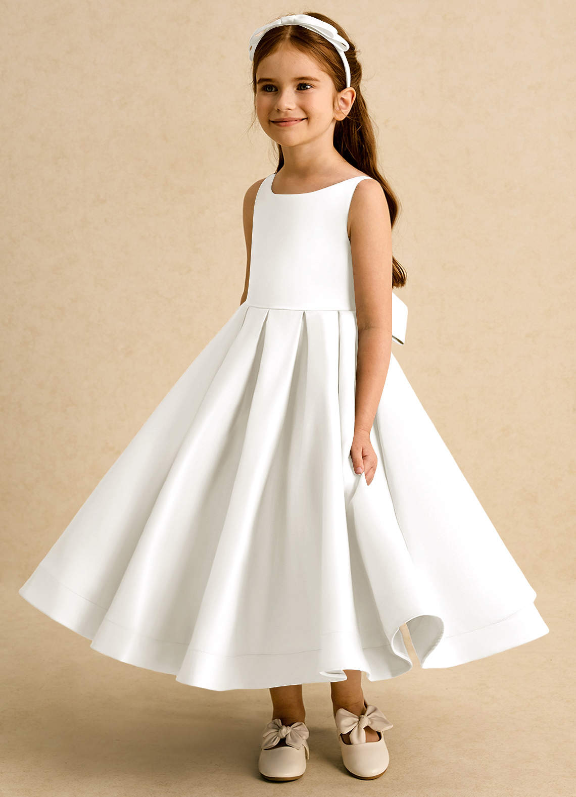 Azazie Babs Flower Girl Dresses Ivory Ball-Gown Pleated Matte Satin Dress image4