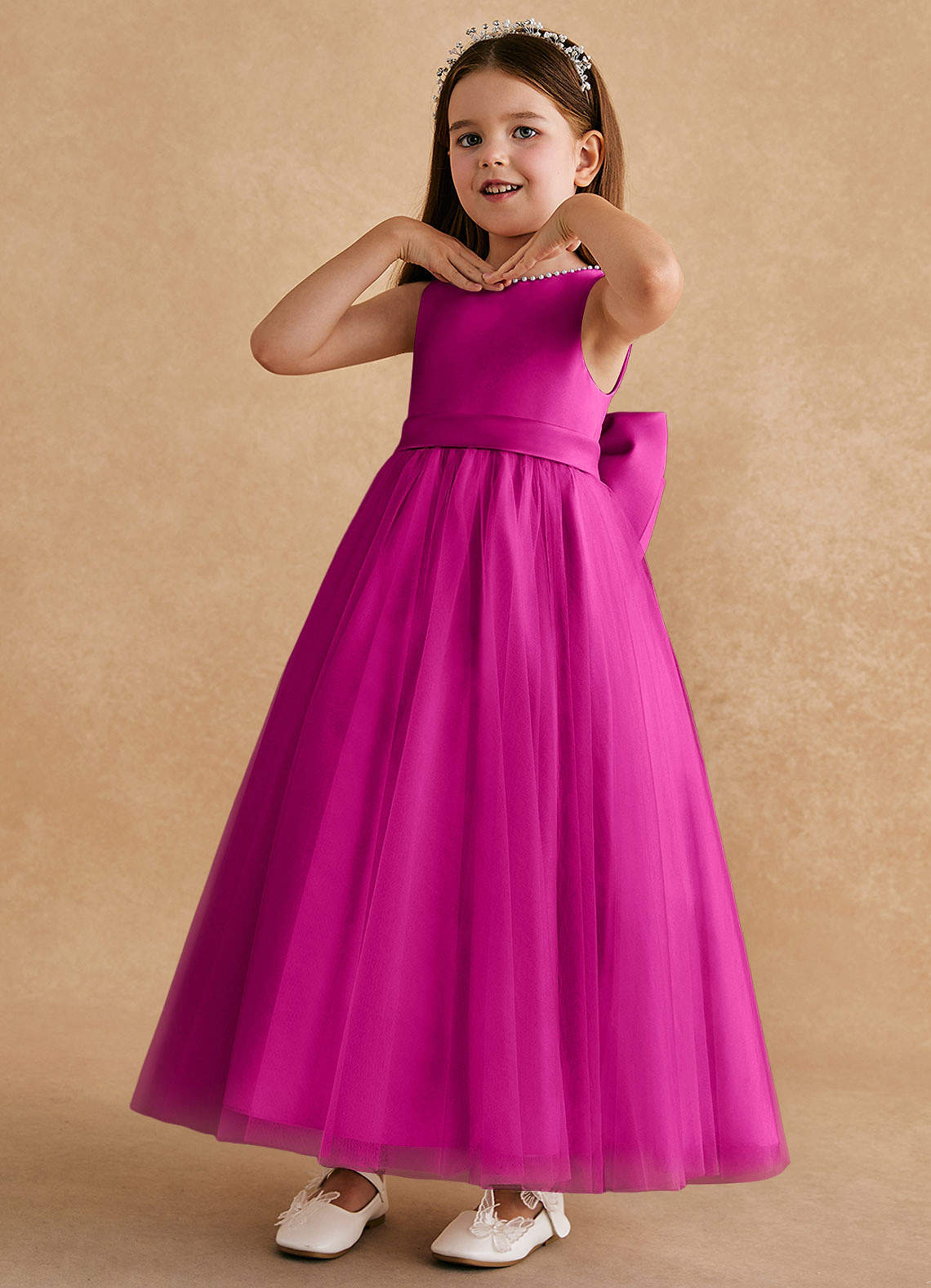 Azazie Cookie Blumenmädchenkleider A-Linie Schleifen Tüll Kleid Fuchsia image3