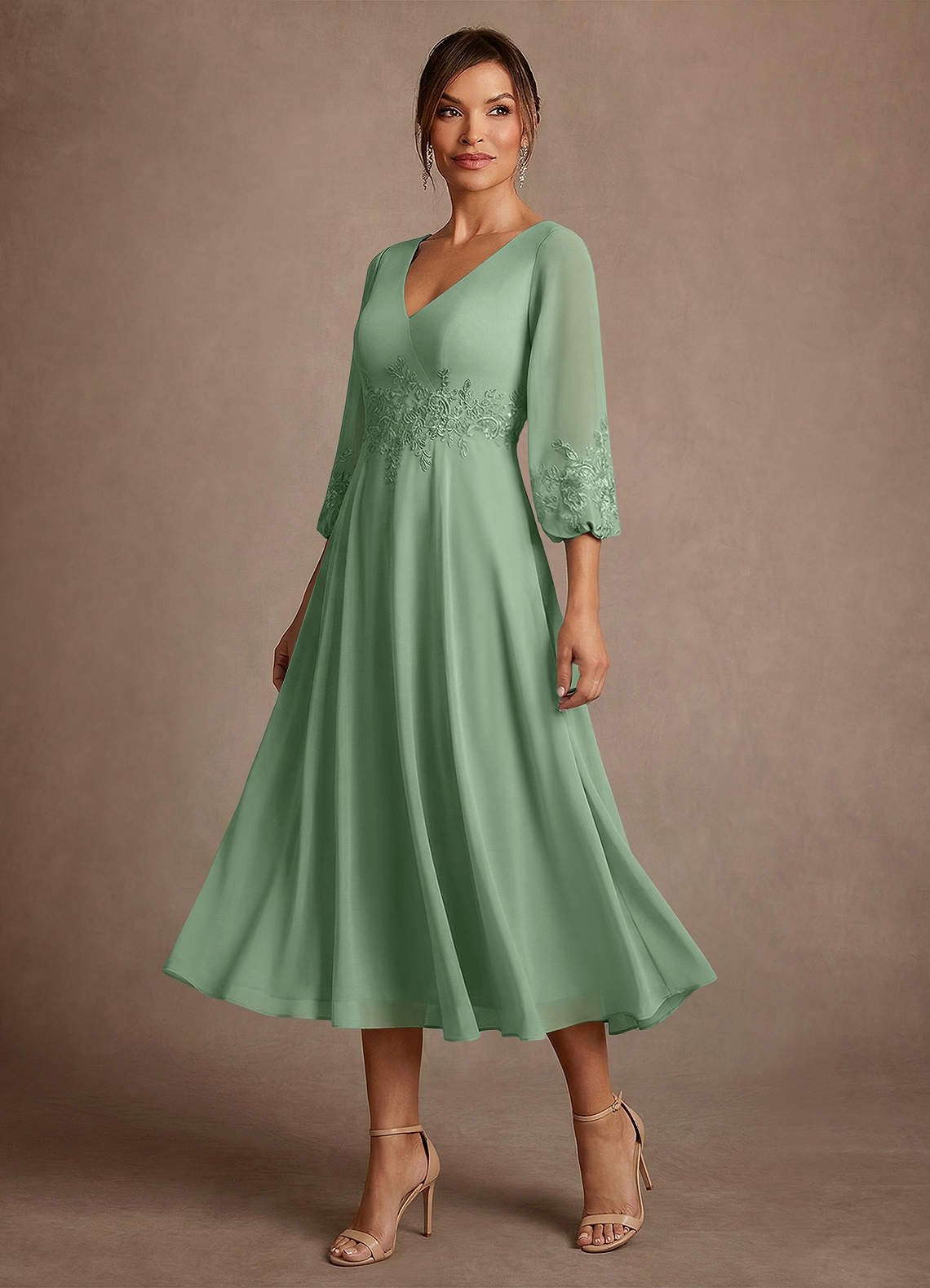 Azazie Ana At-home Try On Dresses Champagne A-Line Lace Chiffon Dress image3