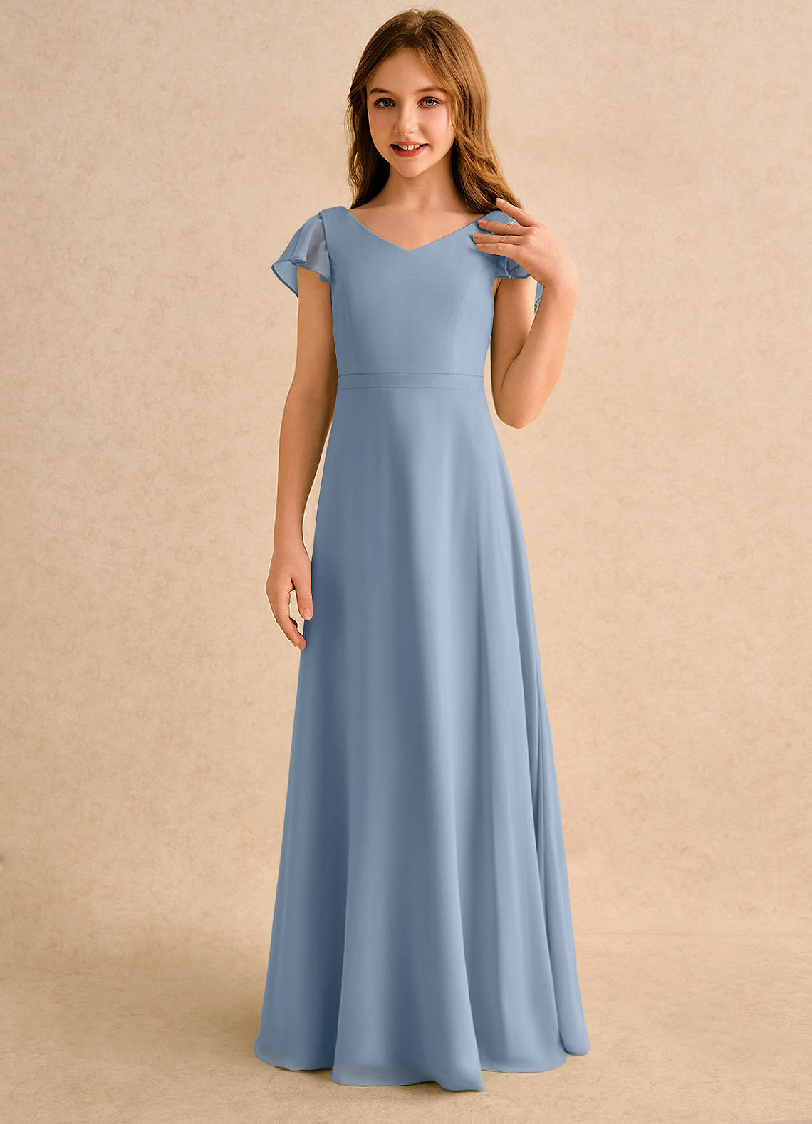 Azazie Nari Girls Formal Kukkatyttöjen mekot A-linja hihallinen Sifonki Lattian pituus Mekko image4