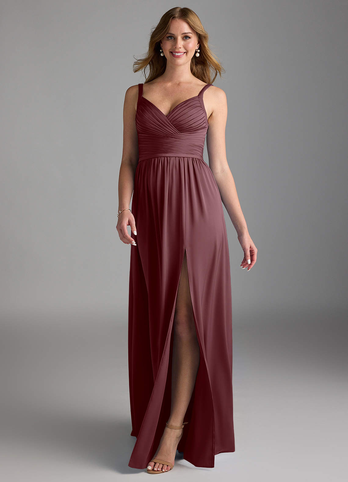 Azazie Chanel Brudtärnklänningar Klänning av A-Line i Stretch Satin Plisserad Sangria image1