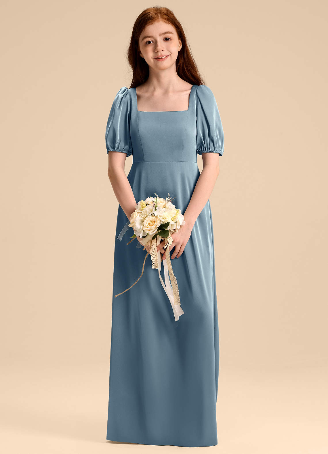 Azazie Briar Junior Robe Trapèze en Satin extensible Arc Bleu Poussiéreux image1