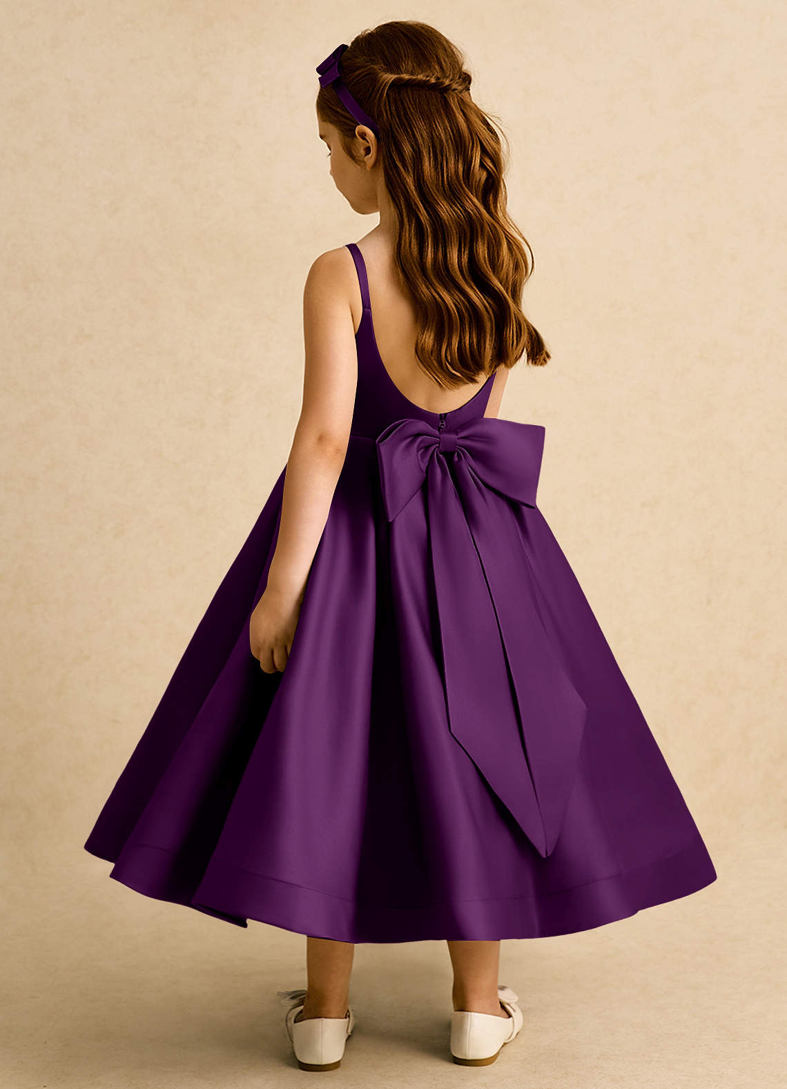 Azazie Babs Flower Girl Dresses Grape Ball-Gown Pleated Matte Satin Dress image1