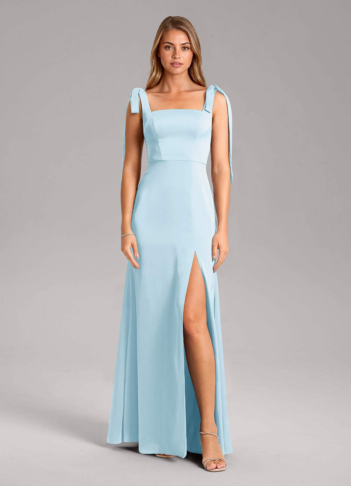 Azazie Frostine Bridesmaid Dresses Sky Blue A-Line Bow Stretch Satin Dress image4