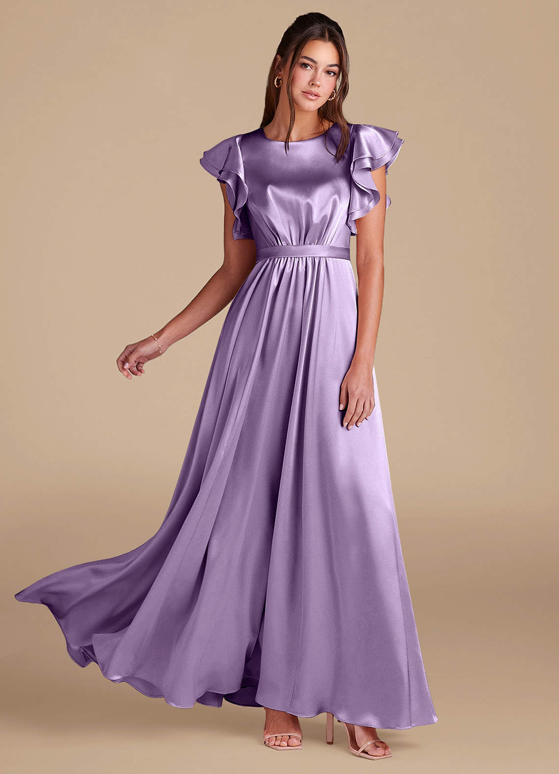 Azazie Daphne Abiti da damigella modesti Abito A-Line Increspato Raso Metallizzato Floor-Length image1