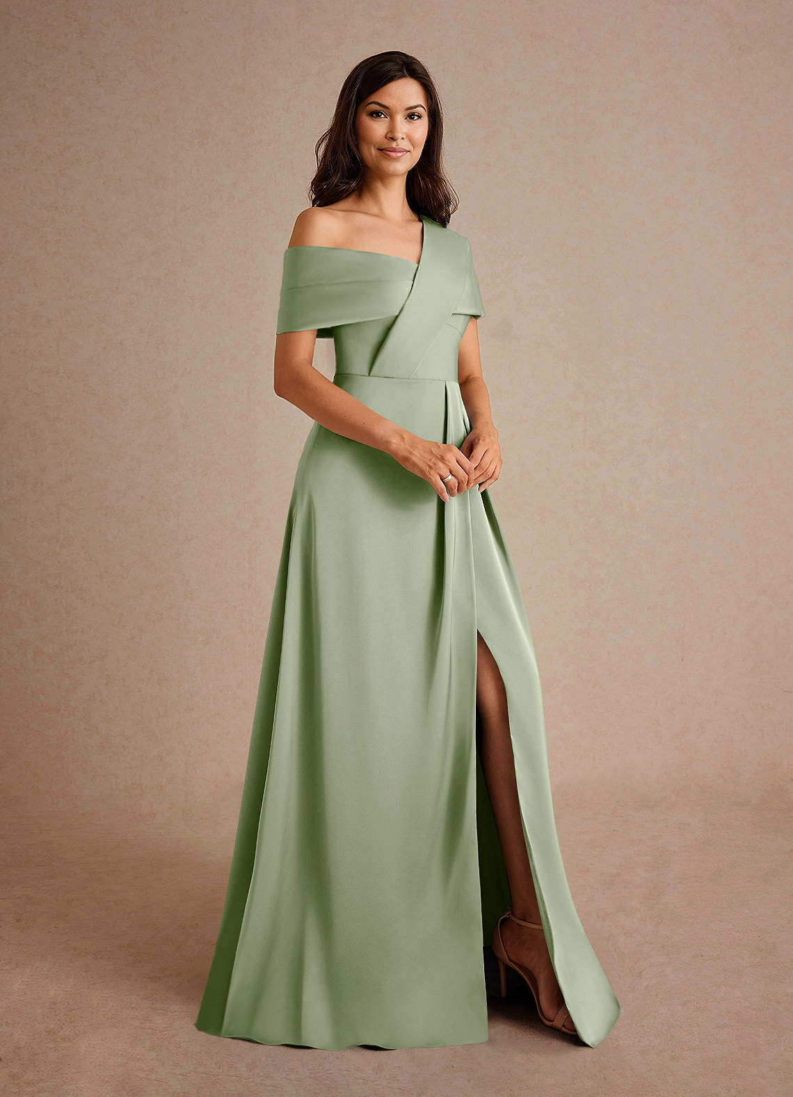 Azazie Milton Mother of the Bride Dresses Dusty Sage A-Line Pleated Stretch Satin Dress image5