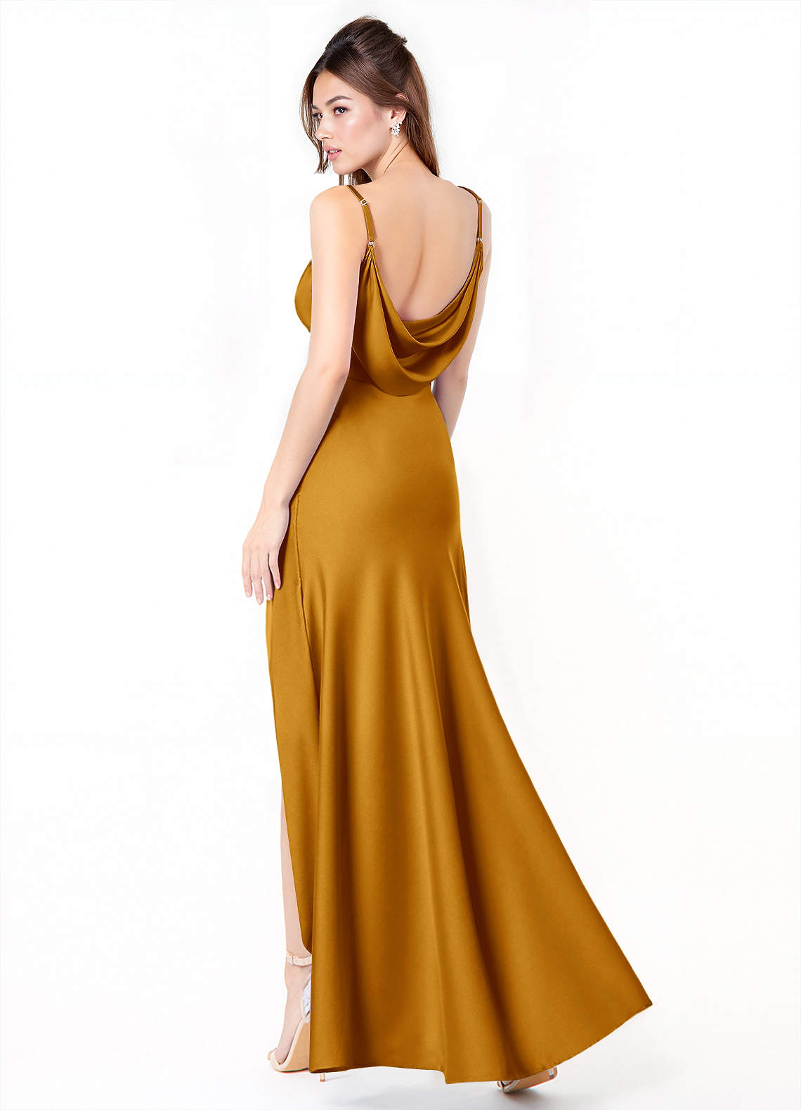 Azazie Alaija Bridesmaid Dresses Butterscotch Mermaid Side Slit Stretch Satin Dress image1