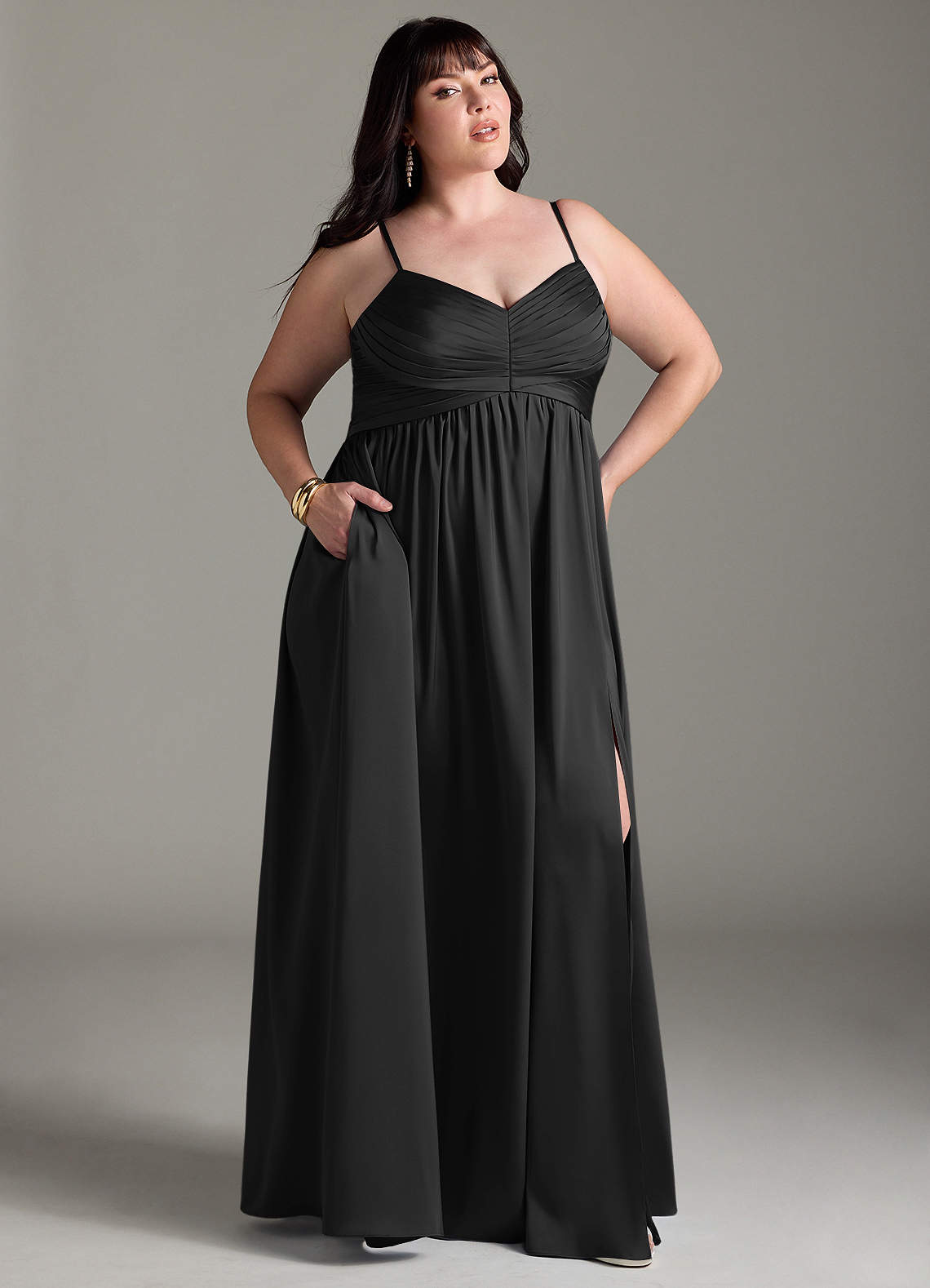 Azazie A-Line V-Neck Floor-Length Stretch Satin Bridesmaid Dresses - Black