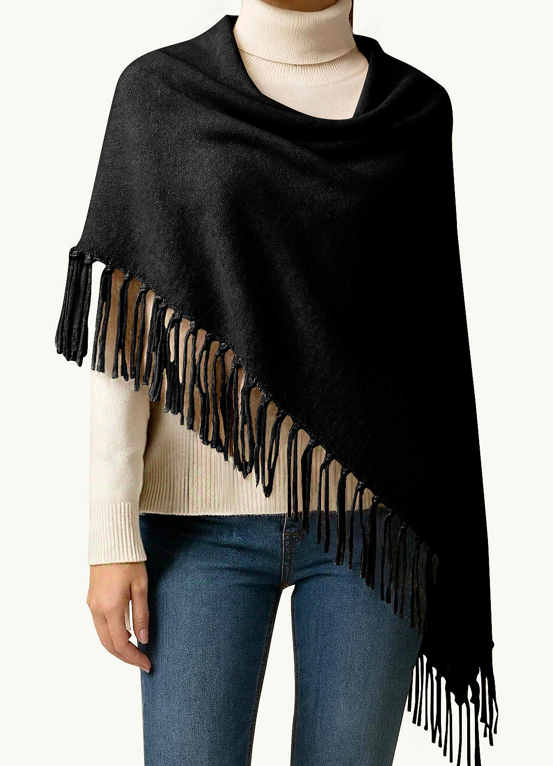 front Multiway Brushed Knit Fringe Shawl