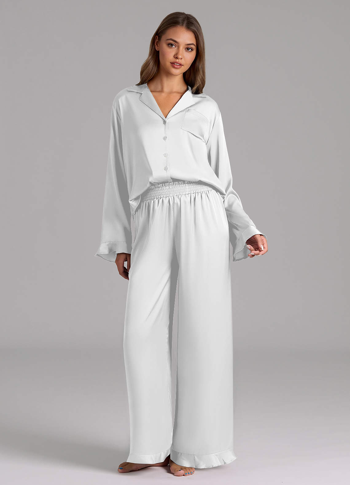 front Ruffled Satin Long Sleeve Pajama Set