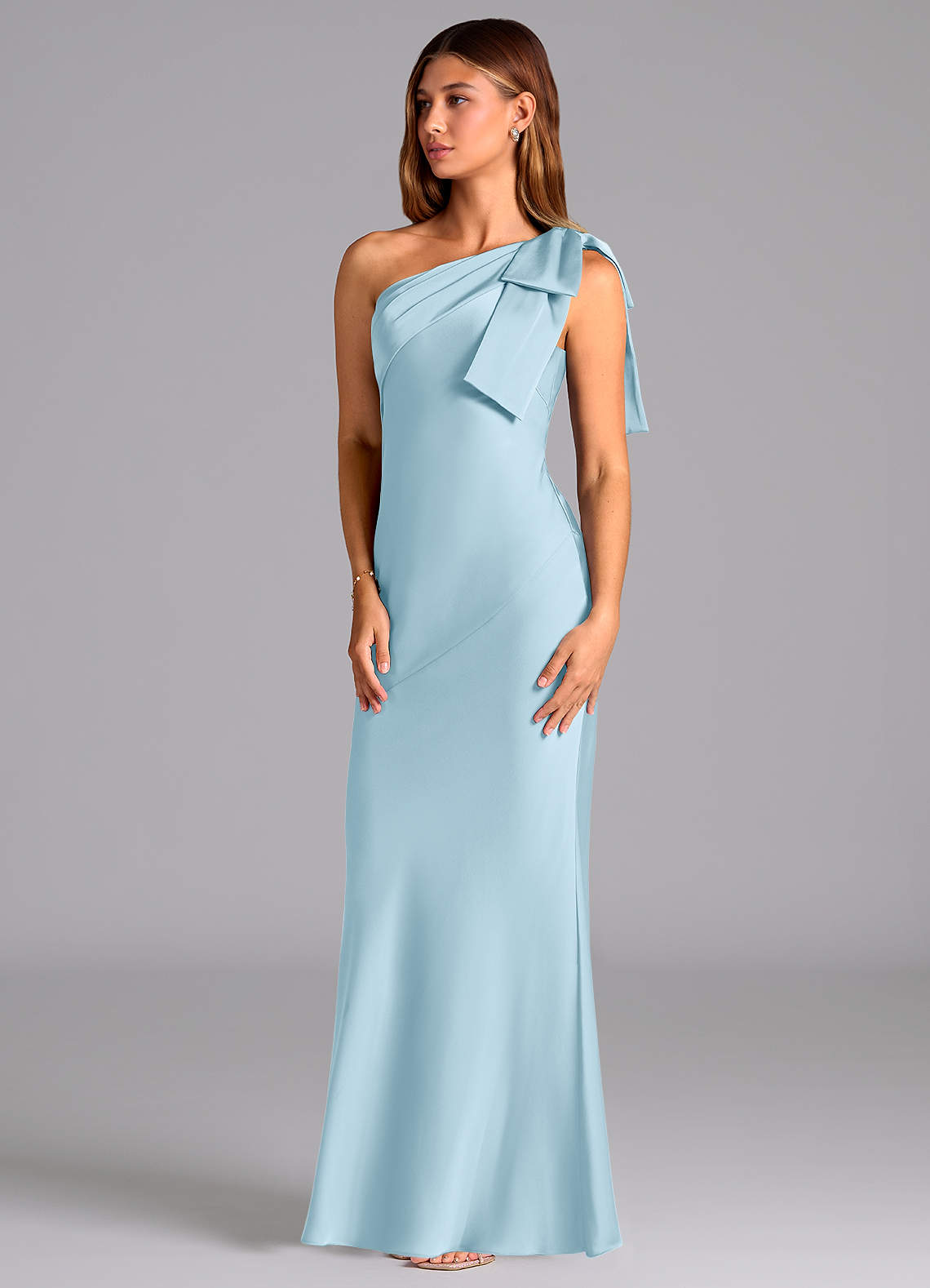 Azazie Yuanna Bridesmaid Dresses Sky Blue Mermaid One Shoulder Stretch Satin Dress image3