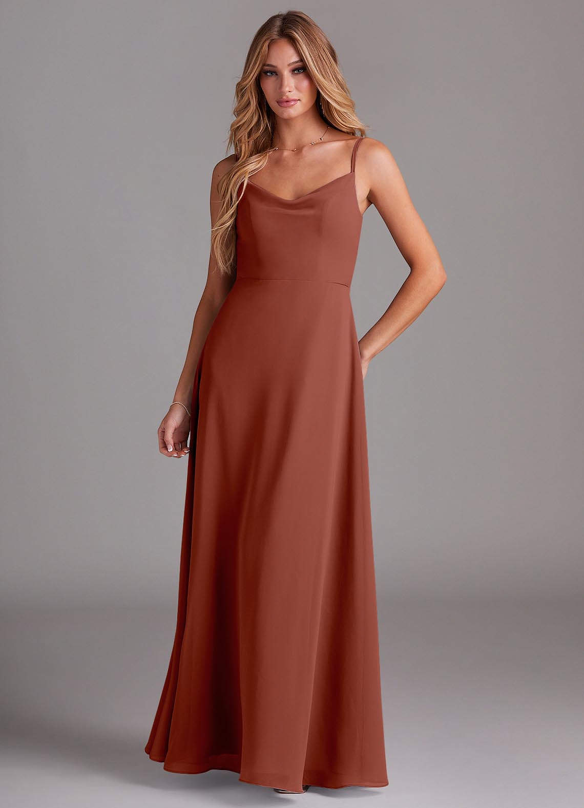 Azazie Daenerys Bridesmaid Dresses Auburn A-Line Cowl Chiffon Dress image1