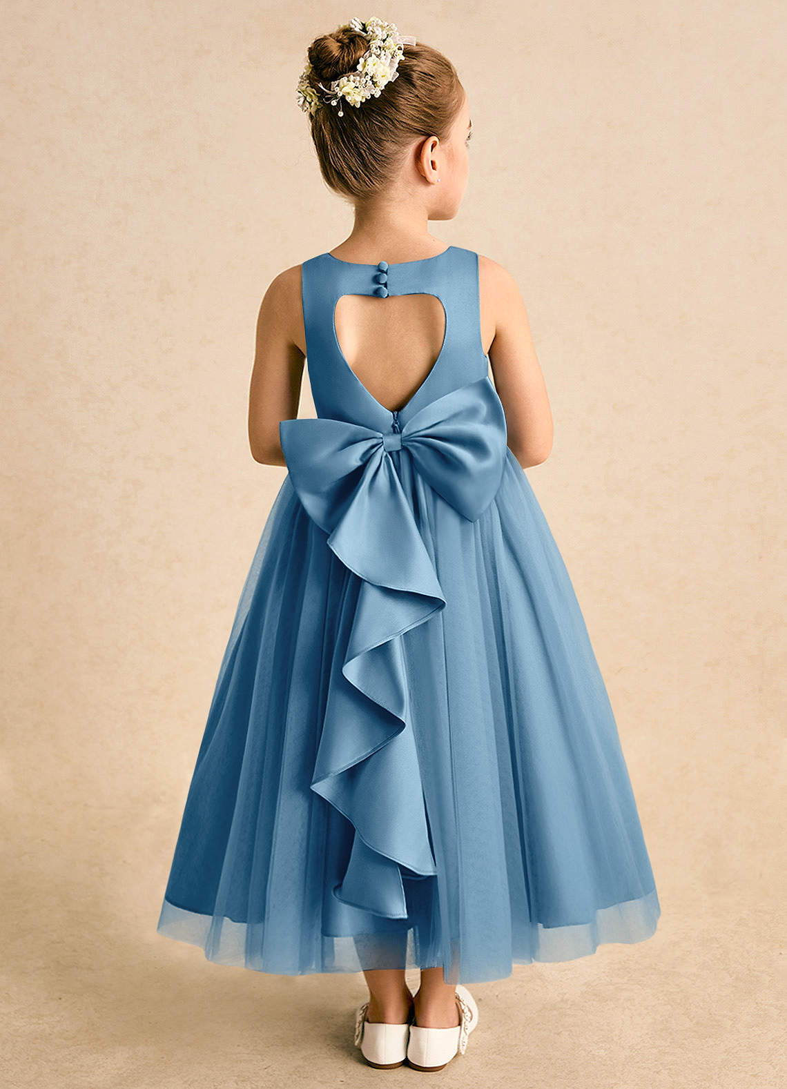Azazie Solia Flower Girl Dresses Steel Blue Ball-Gown Bow Tulle Dress image1